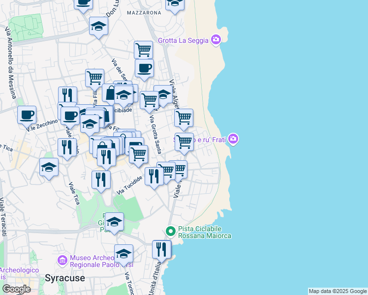 map of restaurants, bars, coffee shops, grocery stores, and more near 58 Via Sicilia in Siracusa