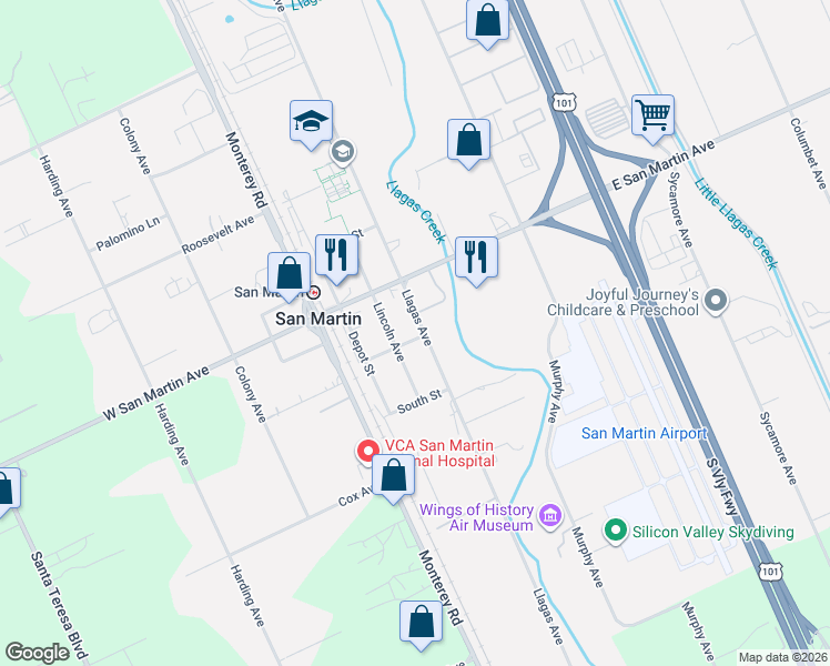 map of restaurants, bars, coffee shops, grocery stores, and more near 13215 Llagas Avenue in San Martin