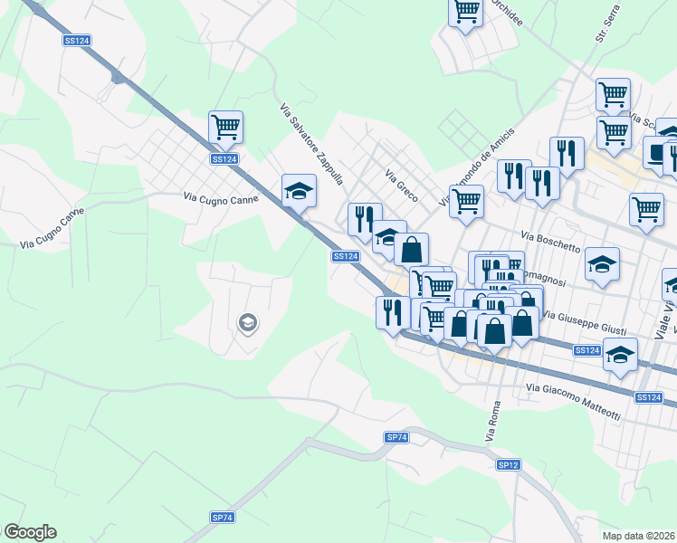 map of restaurants, bars, coffee shops, grocery stores, and more near 25 Via Siracusa in Floridia