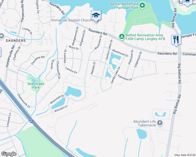 map of restaurants, bars, coffee shops, grocery stores, and more near 10 Lake Walk Crossing in Hampton