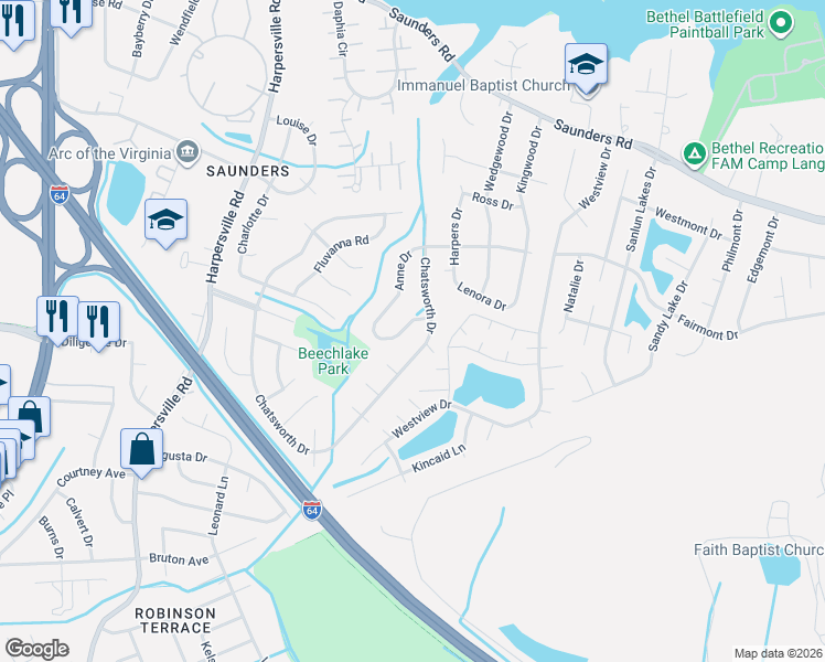 map of restaurants, bars, coffee shops, grocery stores, and more near 732 Chatsworth Drive in Newport News