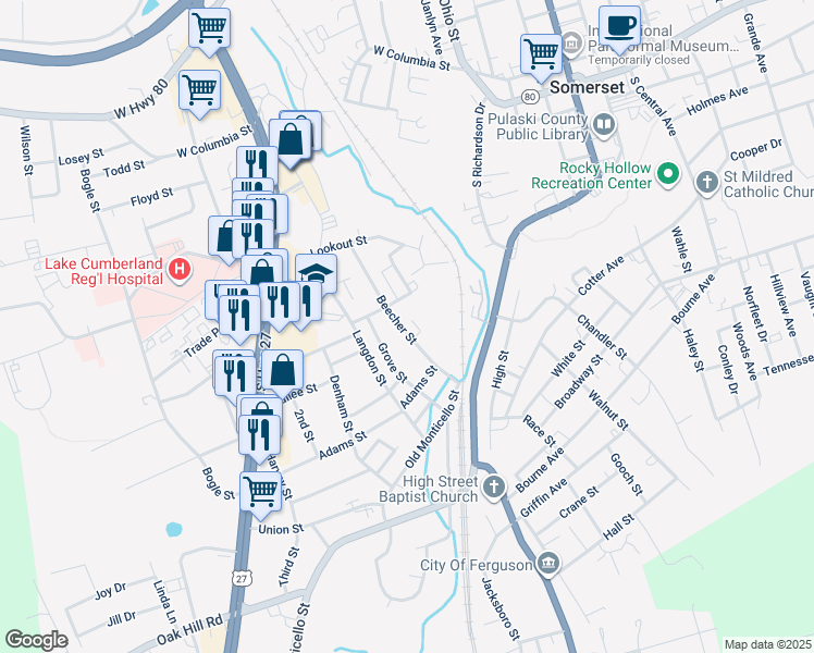 map of restaurants, bars, coffee shops, grocery stores, and more near 105-199 Beecher Street in Somerset