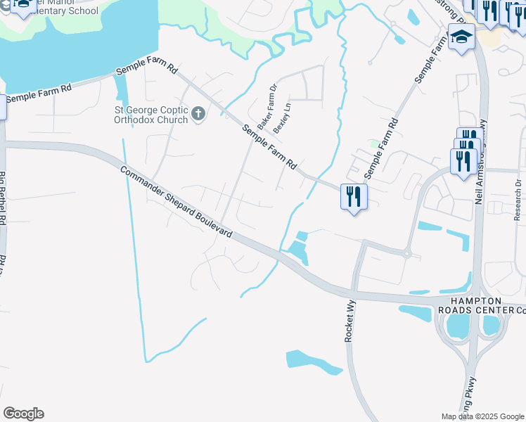 map of restaurants, bars, coffee shops, grocery stores, and more near 9 Clydesdale Court in Hampton