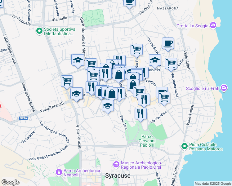 map of restaurants, bars, coffee shops, grocery stores, and more near 45 Vicolo Ai Telefoni in Siracusa