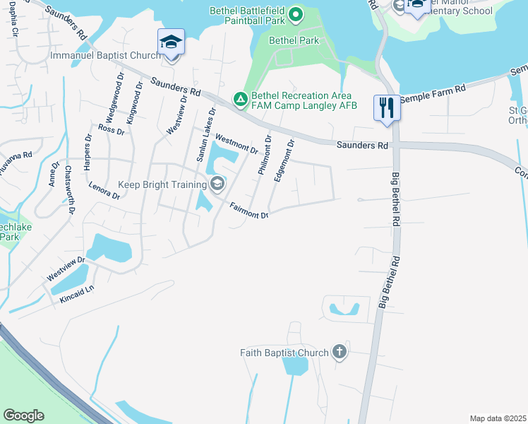 map of restaurants, bars, coffee shops, grocery stores, and more near 38 Edgemont Drive in Hampton