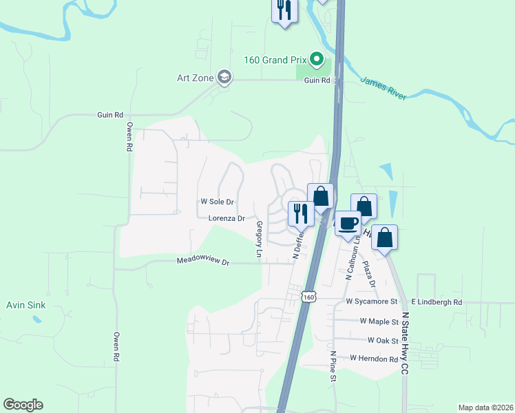 map of restaurants, bars, coffee shops, grocery stores, and more near 1910 Gregory Lane in Nixa