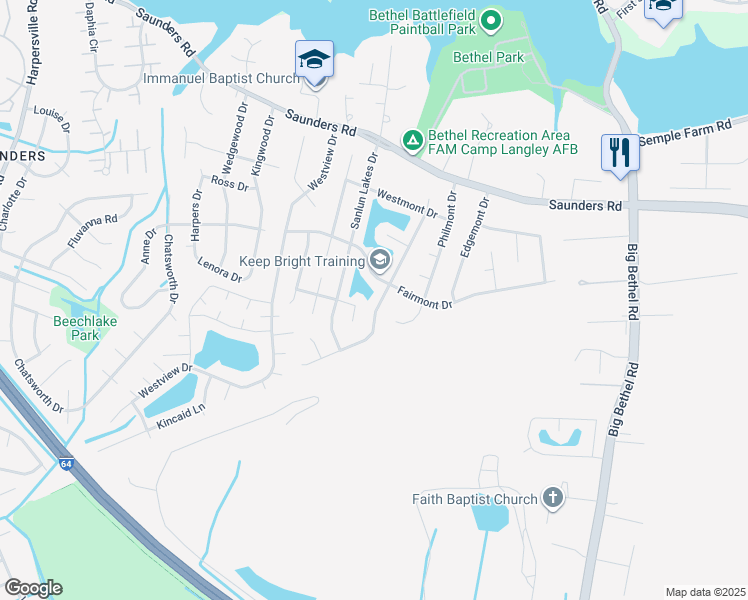 map of restaurants, bars, coffee shops, grocery stores, and more near 48 Sandy Lake Drive in Hampton
