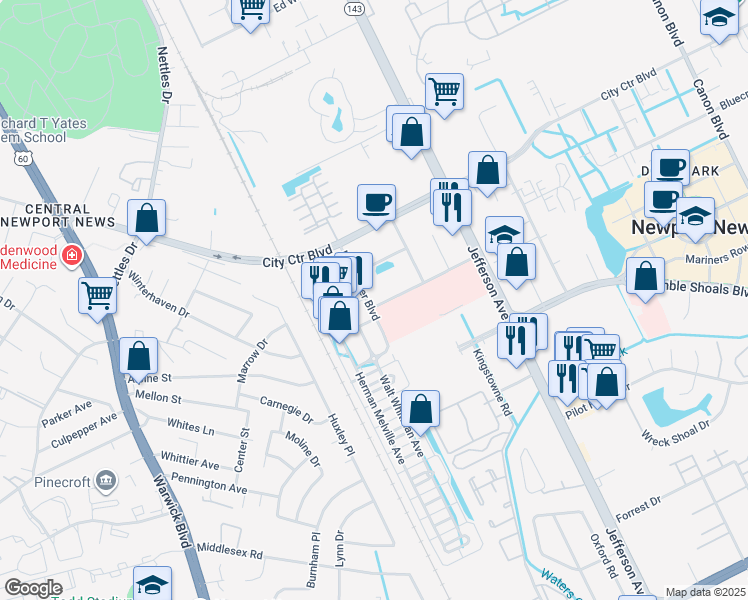map of restaurants, bars, coffee shops, grocery stores, and more near 1085 Loftis Boulevard in Newport News