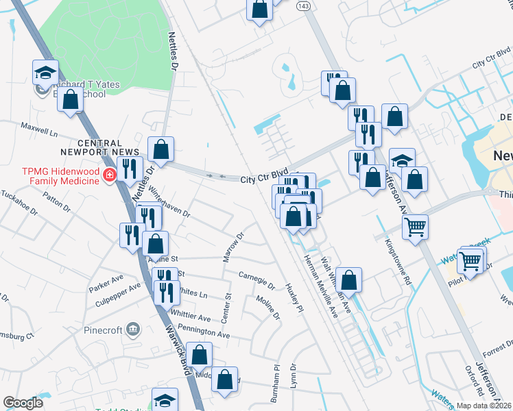 map of restaurants, bars, coffee shops, grocery stores, and more near 35 Huxley Place in Newport News