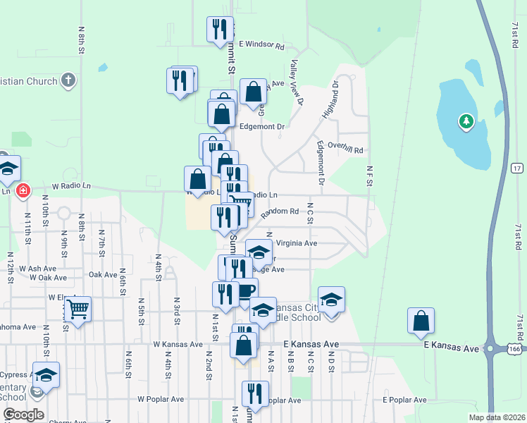 map of restaurants, bars, coffee shops, grocery stores, and more near 201-223 Random Rd in Arkansas City
