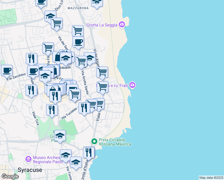 map of restaurants, bars, coffee shops, grocery stores, and more near 27 Via Romagna in Siracusa