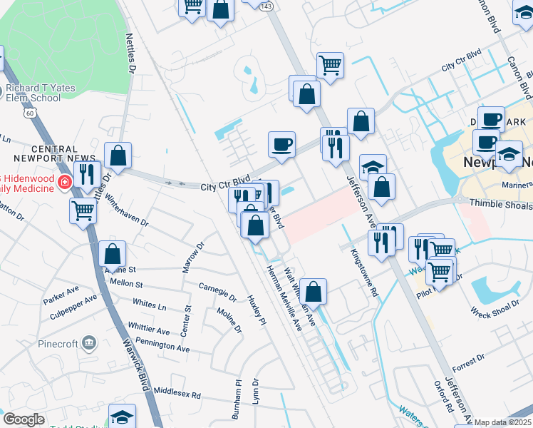 map of restaurants, bars, coffee shops, grocery stores, and more near 3100 William Styron Square North in Newport News