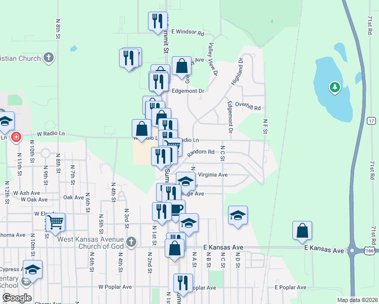 map of restaurants, bars, coffee shops, grocery stores, and more near 201-223 Random Rd in Arkansas City