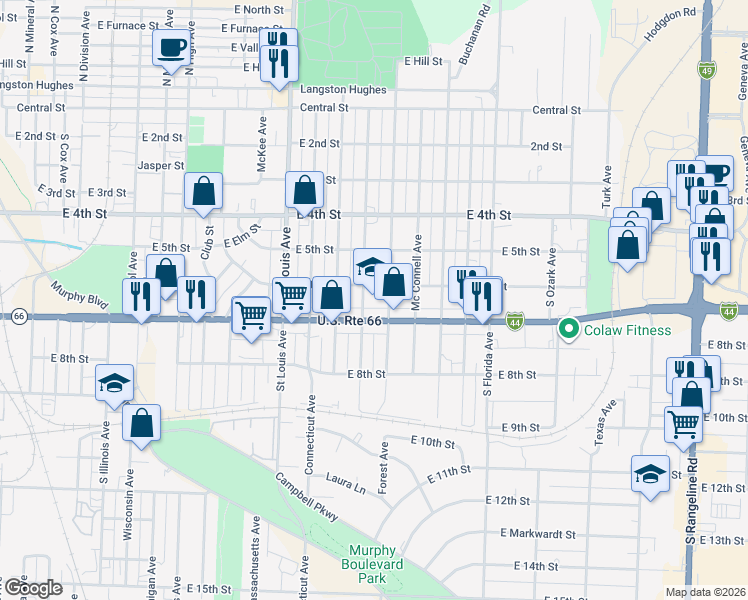 map of restaurants, bars, coffee shops, grocery stores, and more near 610 Forest Avenue in Joplin