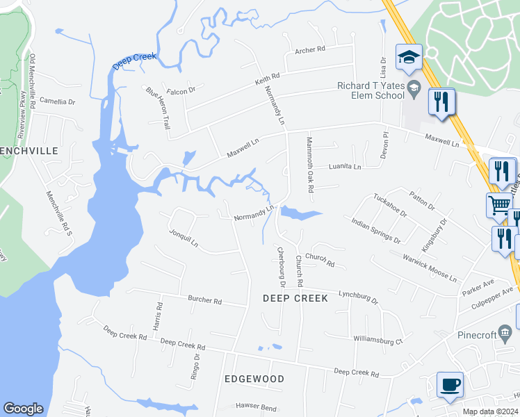 map of restaurants, bars, coffee shops, grocery stores, and more near 115 Normandy Lane in Newport News
