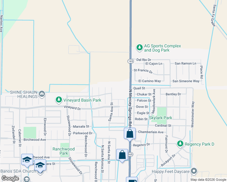map of restaurants, bars, coffee shops, grocery stores, and more near 754 Santa Ana Court in Los Banos