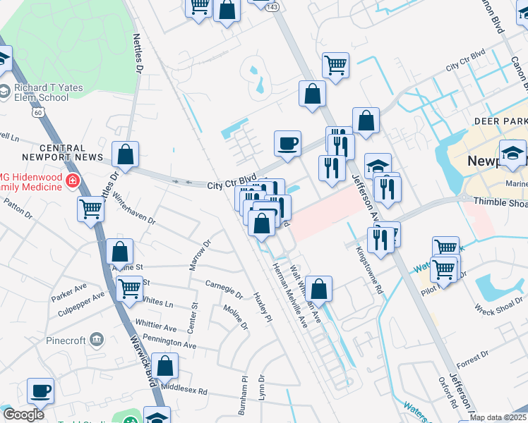 map of restaurants, bars, coffee shops, grocery stores, and more near 4133 Thomas Wolfe Street in Newport News