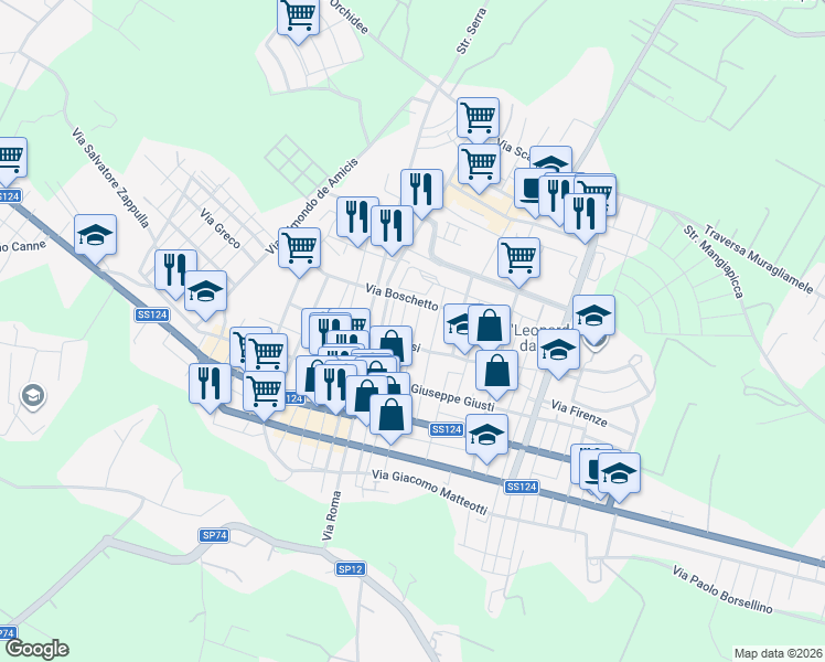 map of restaurants, bars, coffee shops, grocery stores, and more near 185 Via Vittorio Alfieri in Floridia