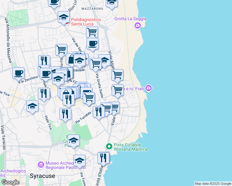 map of restaurants, bars, coffee shops, grocery stores, and more near 58 Via Sicilia in Syracuse