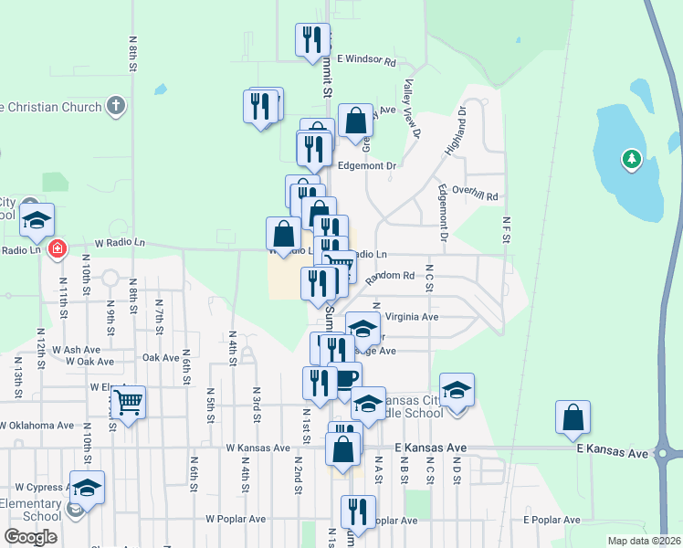 map of restaurants, bars, coffee shops, grocery stores, and more near 2010 North Summit Street in Arkansas City