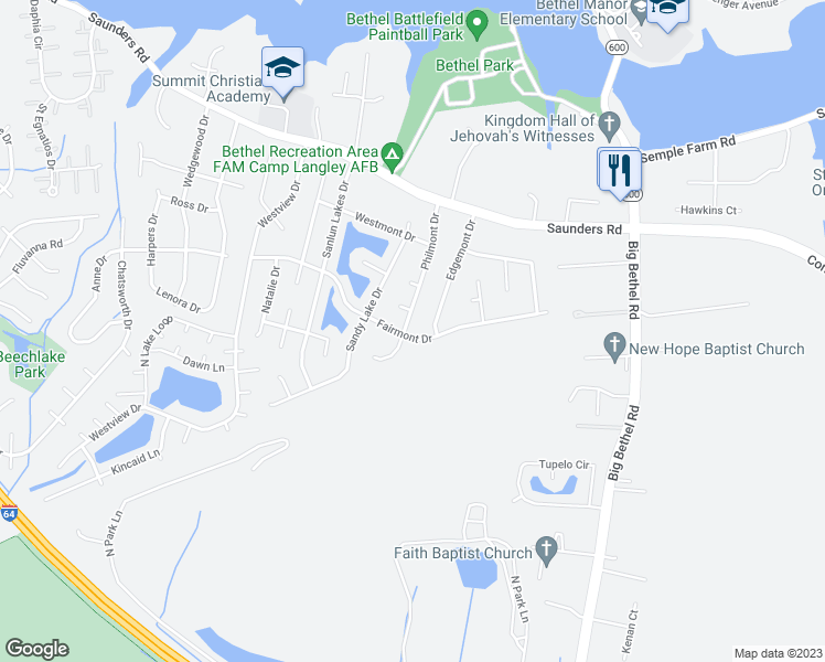 map of restaurants, bars, coffee shops, grocery stores, and more near 39 Philmont Drive in Hampton