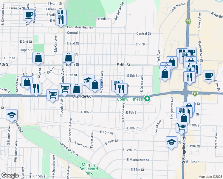 map of restaurants, bars, coffee shops, grocery stores, and more near 613 Patterson Avenue in Joplin