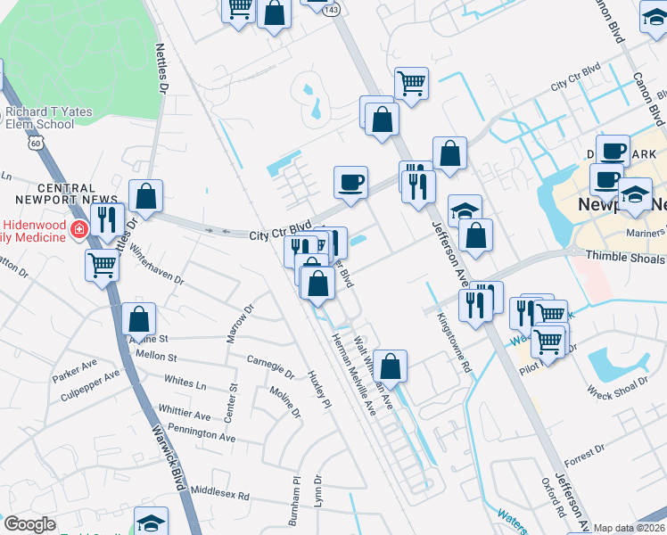 map of restaurants, bars, coffee shops, grocery stores, and more near 4133 Thomas Wolfe Street in Newport News