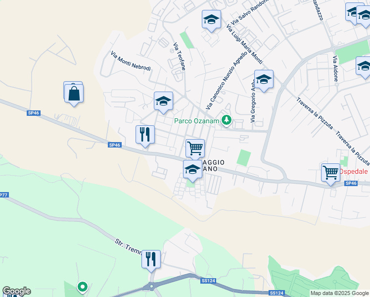 map of restaurants, bars, coffee shops, grocery stores, and more near 23 Via Monti Erei in Siracusa