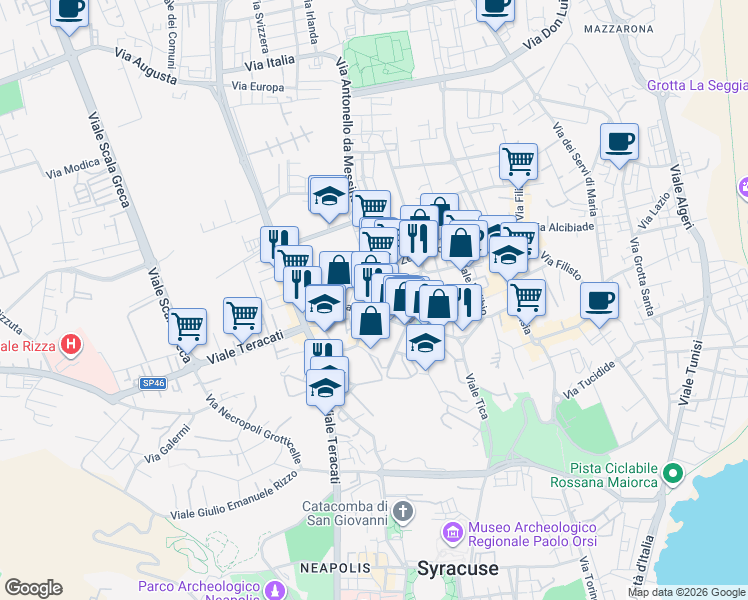 map of restaurants, bars, coffee shops, grocery stores, and more near 14 Viale Zecchino in Siracusa