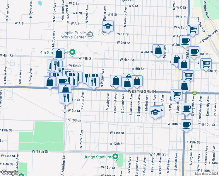 map of restaurants, bars, coffee shops, grocery stores, and more near 1001 West 7th Street in Joplin