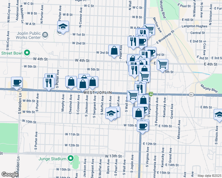 map of restaurants, bars, coffee shops, grocery stores, and more near 631 Byers Avenue in Joplin