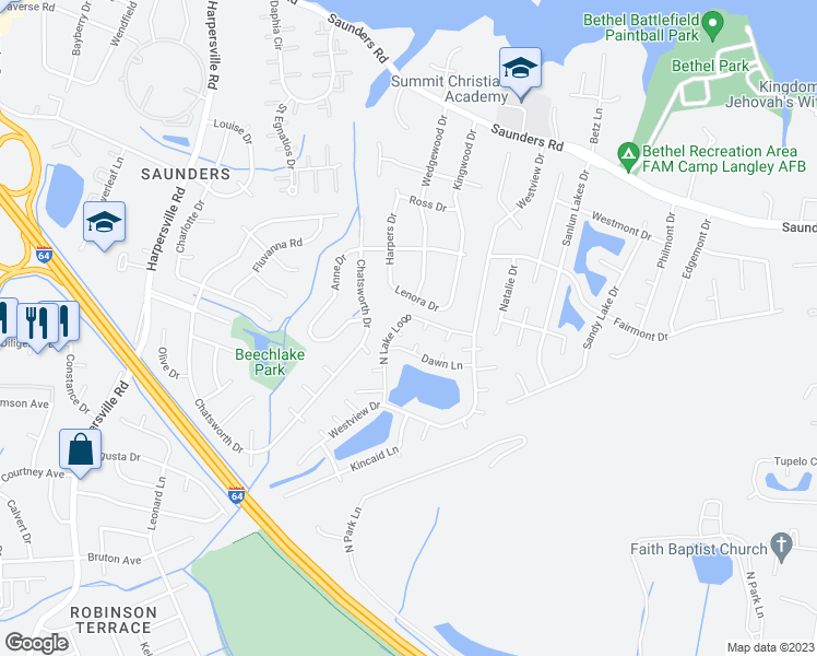 map of restaurants, bars, coffee shops, grocery stores, and more near 51 North Lake Loop in Hampton