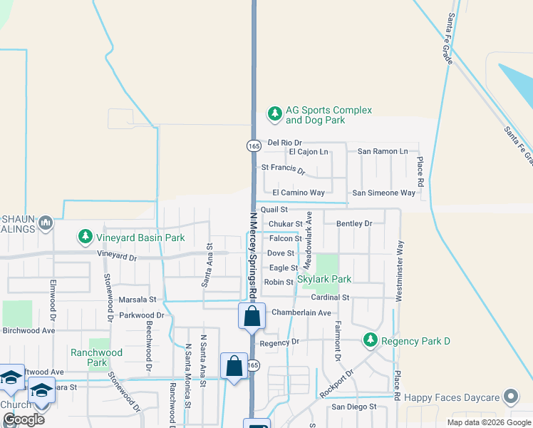 map of restaurants, bars, coffee shops, grocery stores, and more near 1317 Quail Street in Los Banos