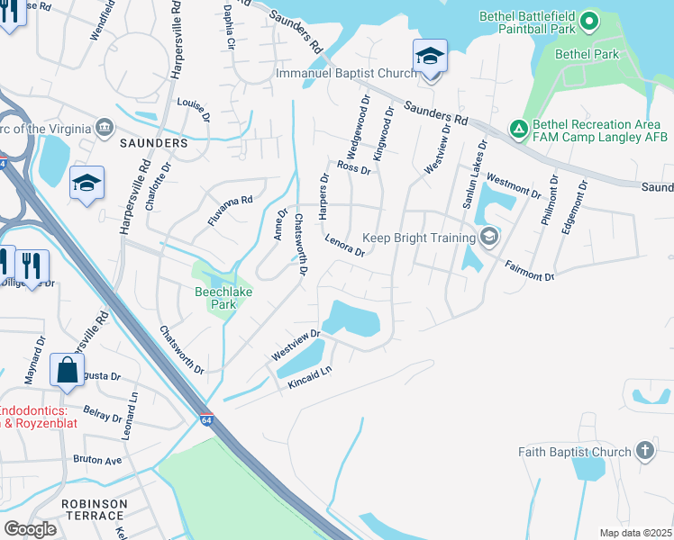 map of restaurants, bars, coffee shops, grocery stores, and more near 51 North Lake Loop in Hampton