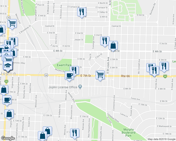 map of restaurants, bars, coffee shops, grocery stores, and more near 610 Club Street in Joplin