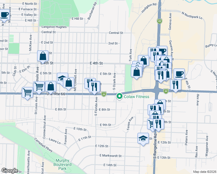 map of restaurants, bars, coffee shops, grocery stores, and more near 2638 East 6th Street in Joplin