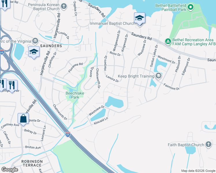 map of restaurants, bars, coffee shops, grocery stores, and more near 61 North Lake Loop in Hampton