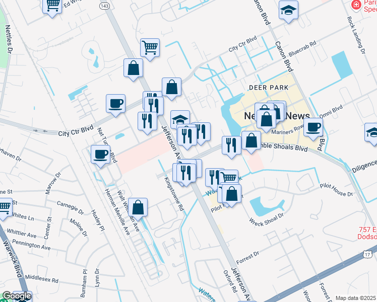 map of restaurants, bars, coffee shops, grocery stores, and more near 601 Thimble Shoals Blvd in Newport News