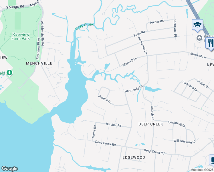 map of restaurants, bars, coffee shops, grocery stores, and more near 43 Jonquil Lane in Newport News