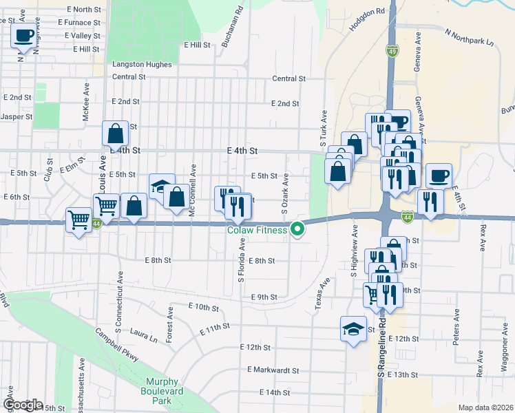 map of restaurants, bars, coffee shops, grocery stores, and more near 2638 East 6th Street in Joplin