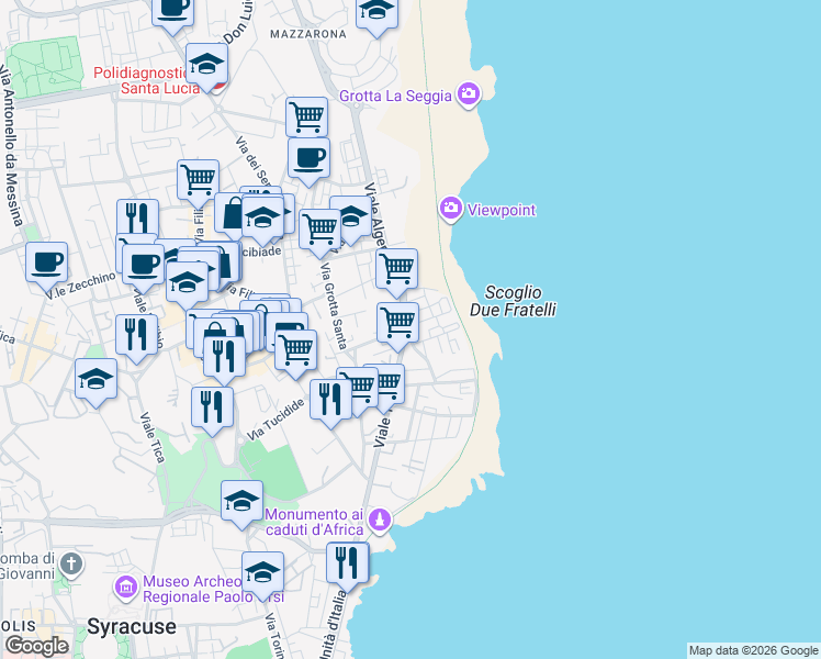 map of restaurants, bars, coffee shops, grocery stores, and more near 58 Via Sicilia in Syracuse