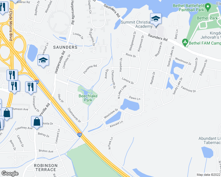 map of restaurants, bars, coffee shops, grocery stores, and more near 203 Anne Drive in Newport News