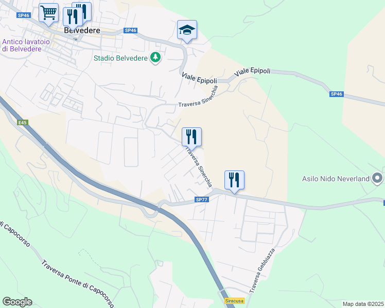 map of restaurants, bars, coffee shops, grocery stores, and more near 5 Traversa Sinerchia in Siracusa