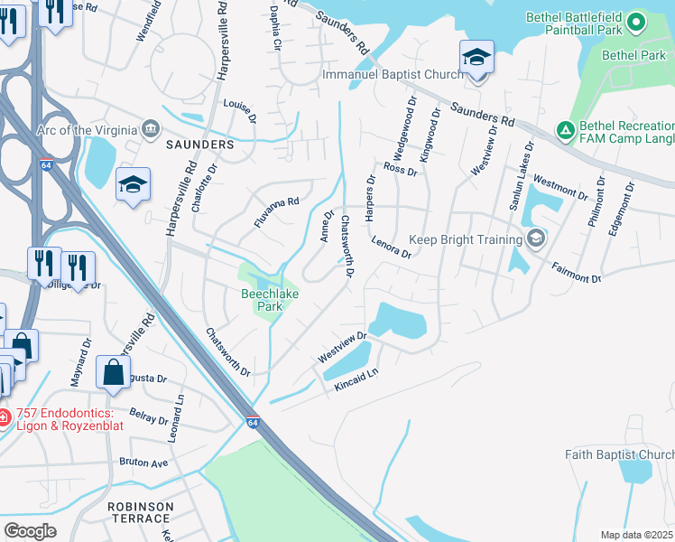map of restaurants, bars, coffee shops, grocery stores, and more near 203 Anne Drive in Newport News