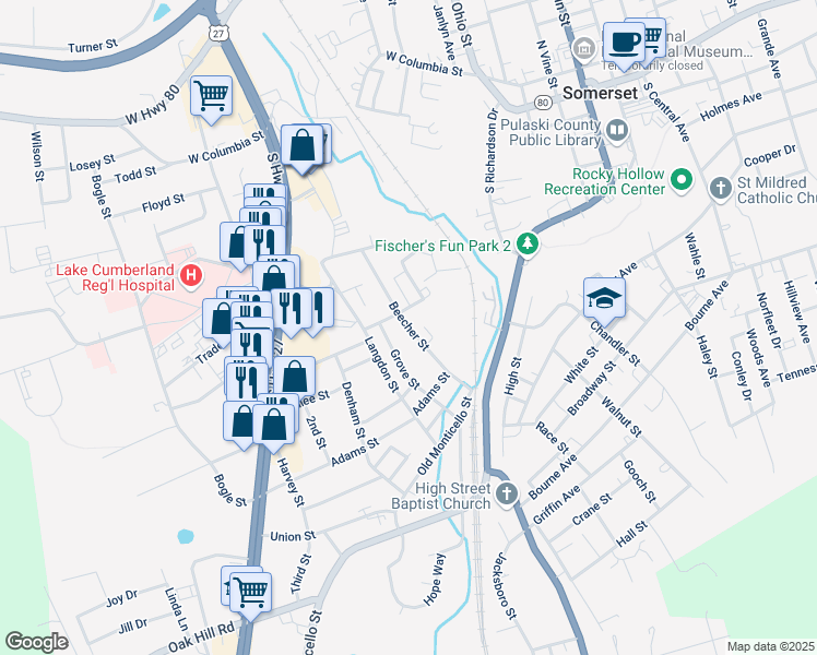 map of restaurants, bars, coffee shops, grocery stores, and more near Beecher Street in Somerset