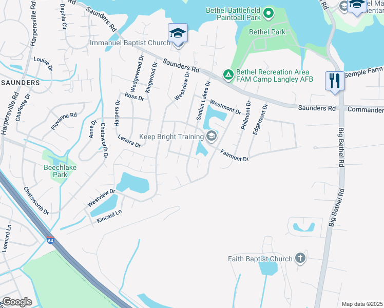 map of restaurants, bars, coffee shops, grocery stores, and more near 57 Sanlun Lakes Drive in Hampton