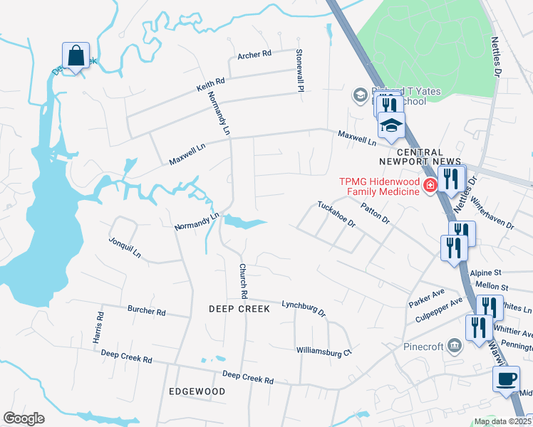 map of restaurants, bars, coffee shops, grocery stores, and more near 47 Indian Springs Drive in Newport News