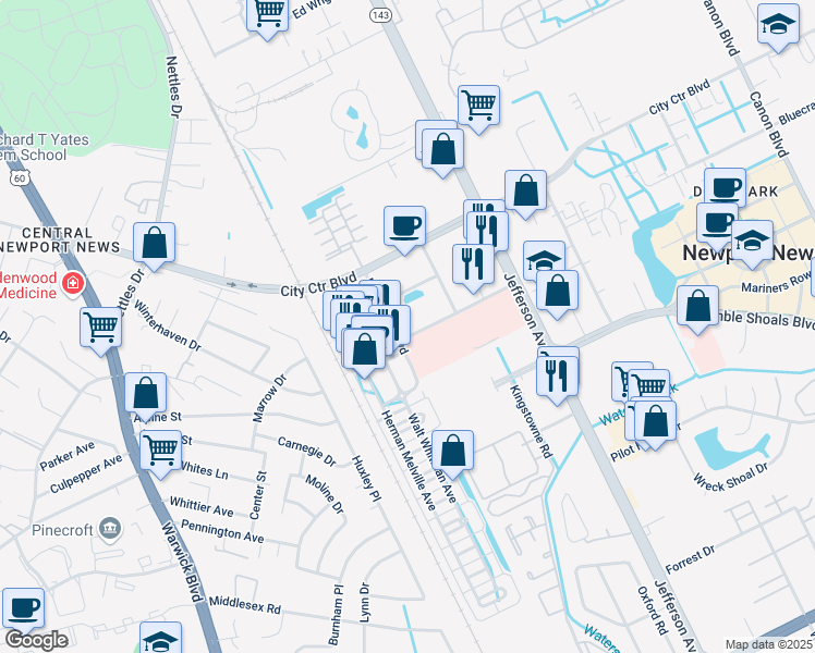 map of restaurants, bars, coffee shops, grocery stores, and more near 230 Nat Turner Boulevard in Newport News