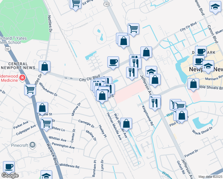 map of restaurants, bars, coffee shops, grocery stores, and more near 230 Nat Turner Boulevard in Newport News