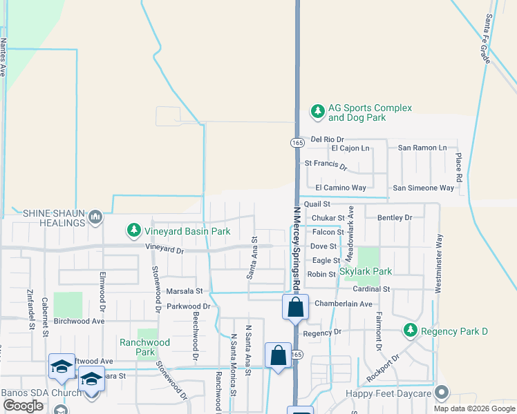map of restaurants, bars, coffee shops, grocery stores, and more near 754 Santa Ana Court in Los Banos